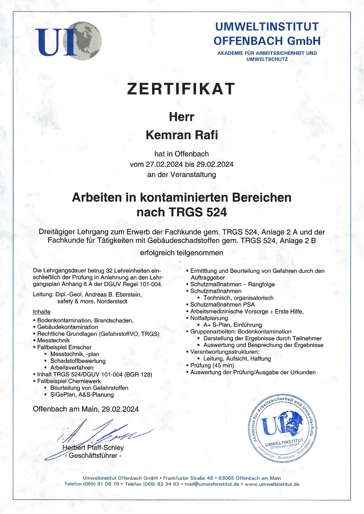 Zertifikat kontaminierte Bereiche TRGS 524